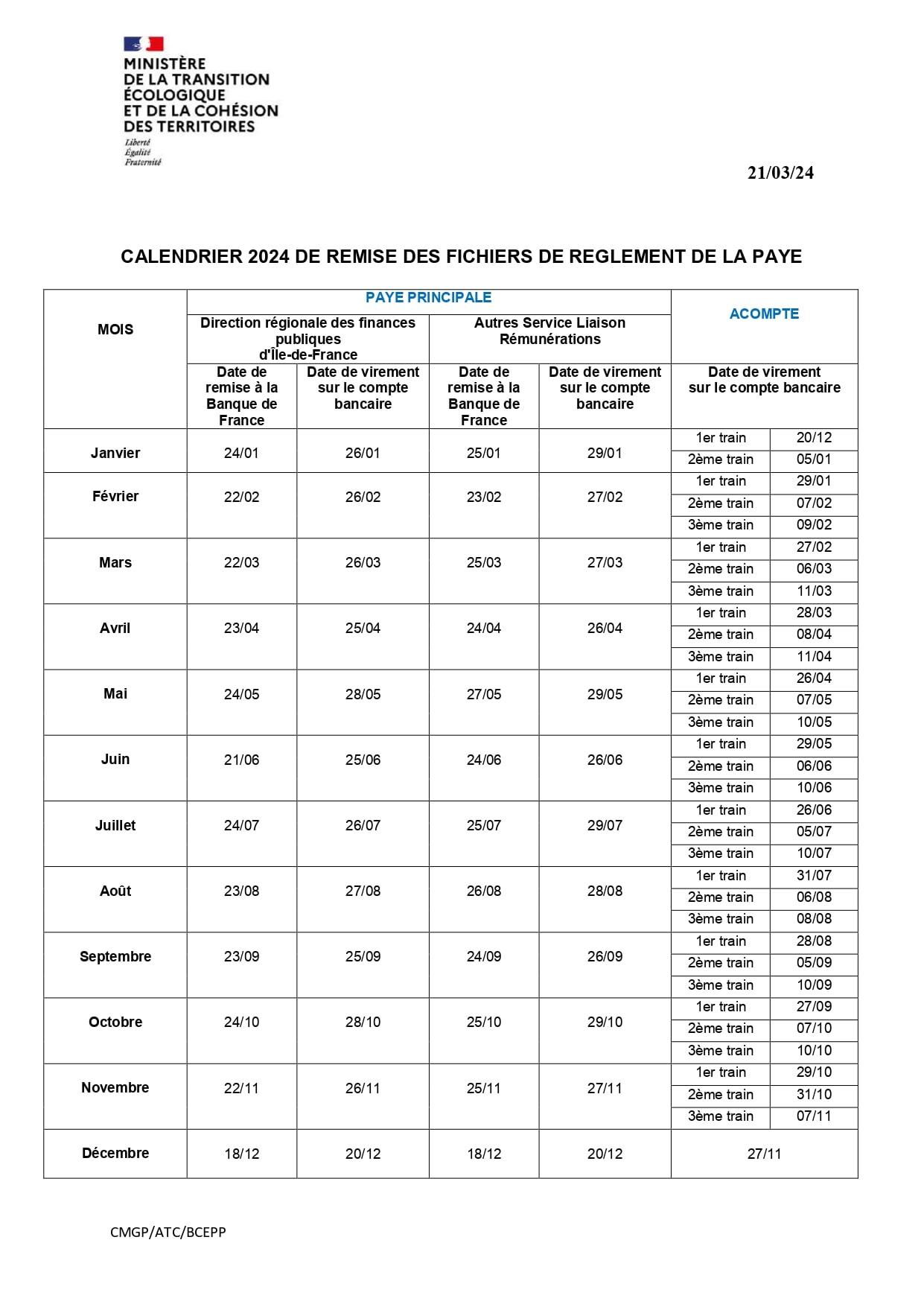 CALENDRIER 2024 DE REMISE DES FICHIERS DE REGLEMENT DE LA PAYE