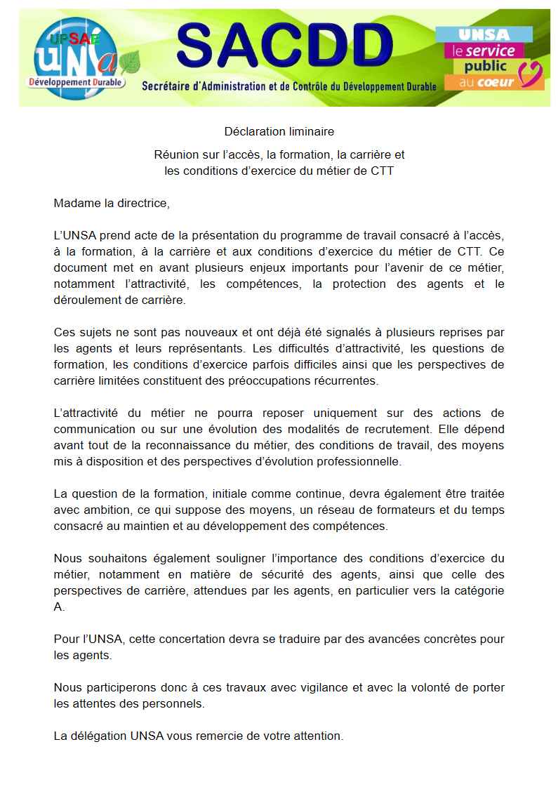 Déclaration liminaire réunion CTT du 17 mars 2026