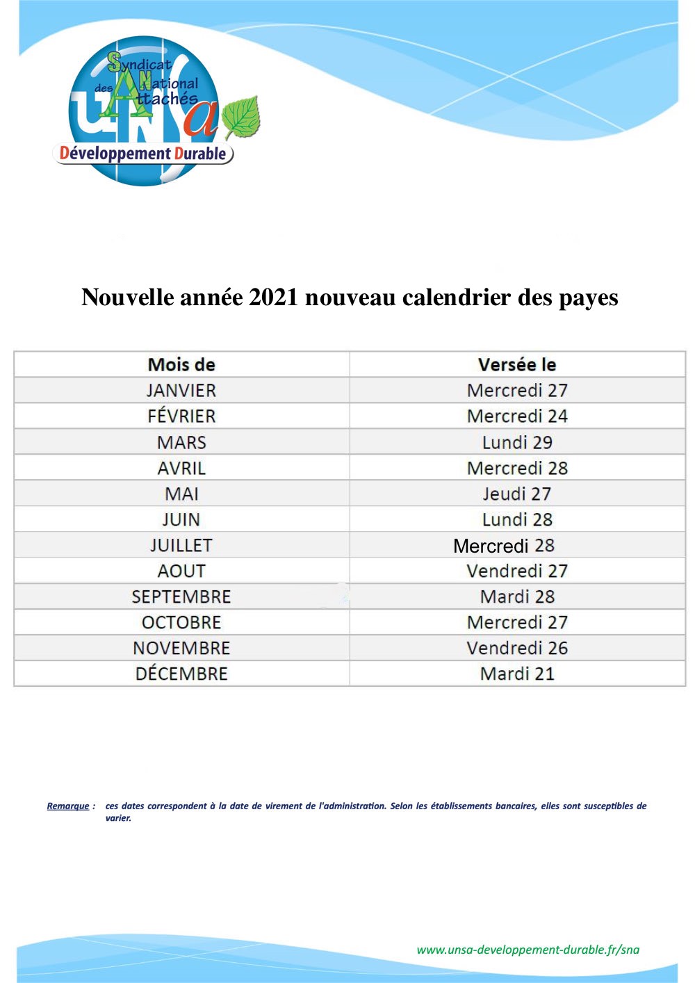Calendrier des payes 2021